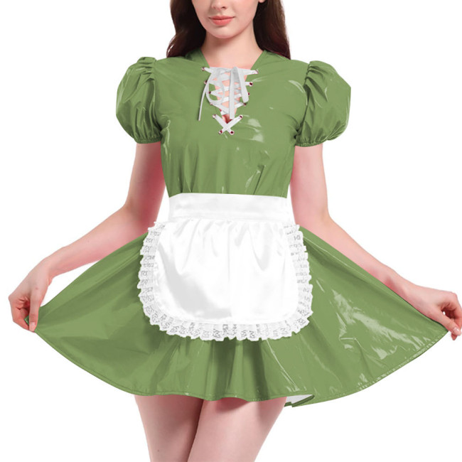 French Maid Outfit Puff Short Sleeve Mini Dress with Apron PVC Leather Sweet Kawaii Maid Cosplay Costume Maid Cross Dressing Set