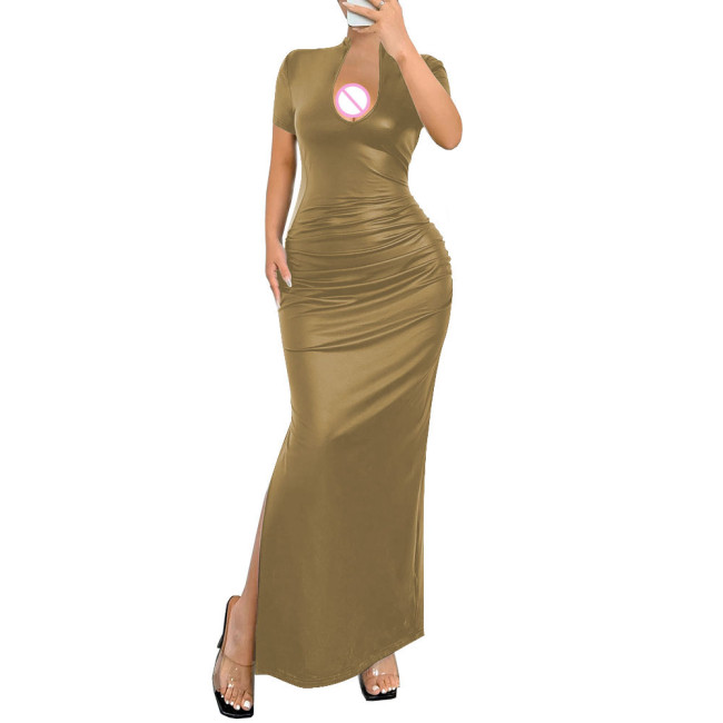 Ladies Elegant Deep V-Neck Long Dress Womens Streetwear Elastic PU Slim Fit Maxi Dress Female Sexy Short Sleeve Split Vestidos