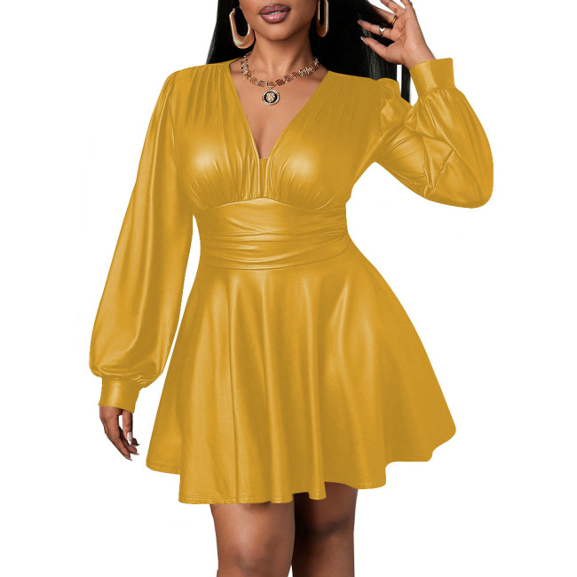Deep V-neck Dress for Women PU Leather Long Lantern Sleeves Slim Waist Pleated Mini Dress Office Lady Sexy Vestido
