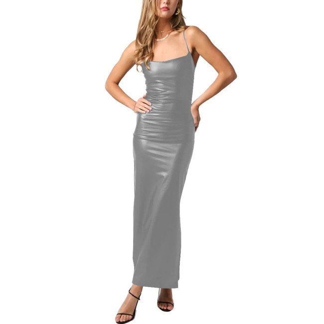 Sexy Spaghetti Strap Bodycon Dress Women PU Leather Matte Stretchy Long Pencil Dress Revelry Party Slim Fit Club Dress Vestido