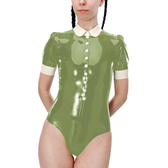Fetish Short Sleeve High Cut Lingerie Sexy Bodysuit Shiny PVC Leather Turn-down Collar Button One-pieces Bodysuit Sexy Costume