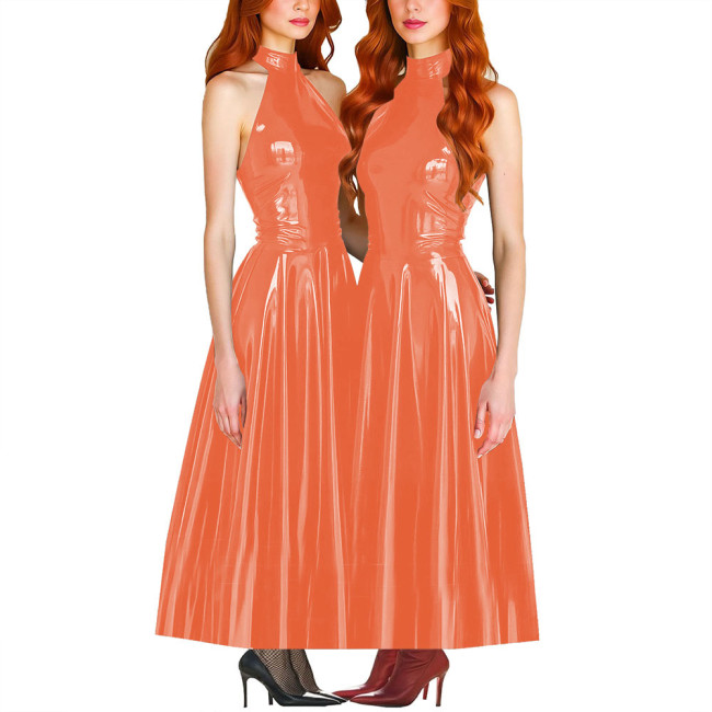 Elegance Pleated Maxi Dress for Women PVC Leather Sleeveless Slim Fit A-line Long Dress Ball Gowns Sexy Women Clothing Vestido
