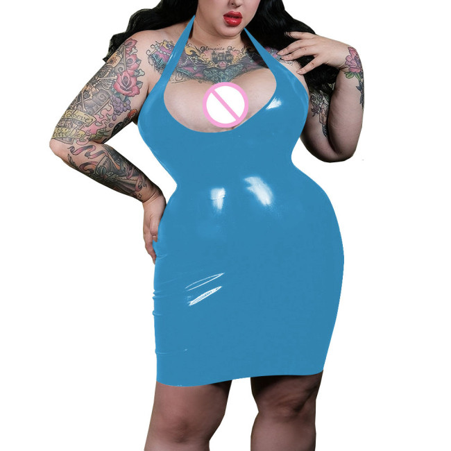 Sexy Plunging Neckline Halter Bodycon Dress Shiny PVC Leather Women Faux Latex Hobble Mini Dress Party Pole Dancing Exotic Dress