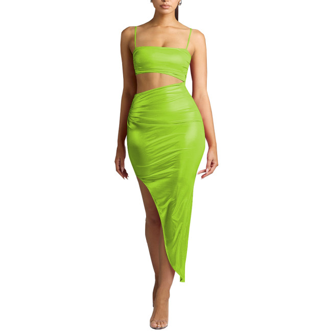 Women Wetlook Summer Spaghetti Strap Midi Dress Shiny Sexy Club Party Dress Ladies Hollow Out Bodycon Faux Leather Dress Vestido