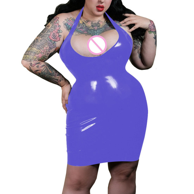 Sexy Plunging Neckline Halter Bodycon Dress Shiny PVC Leather Women Faux Latex Hobble Mini Dress Party Pole Dancing Exotic Dress
