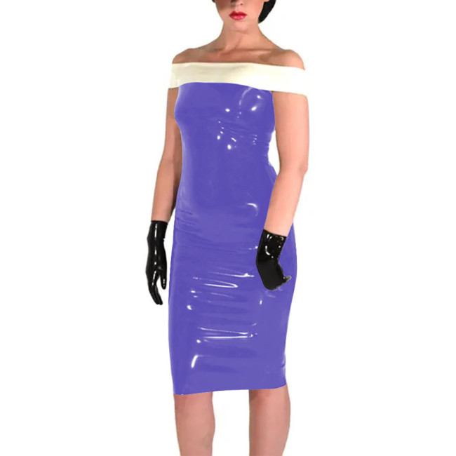 New Fashion Patchwork White Slim Fit Dress Shiny PVC Leather Slash Neck Bodycon Midi Dress Office Lady Back Zipper Sexy Dress