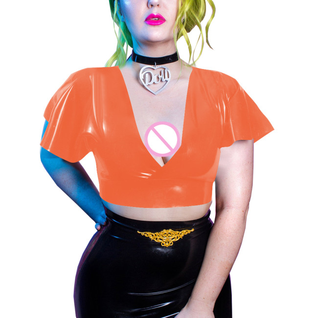Goth Girls Deep V-neck Bodycon Short Sleeve Vinyl PVC Leather Summer Women Clothing Sexy Club Slim Solid Crop Tops Daily Wearng