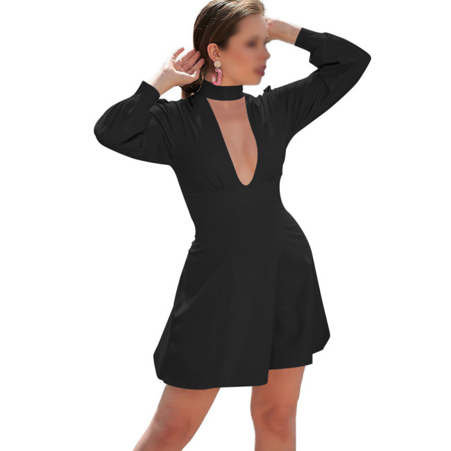 Long Sleeve Solid Color PVC Leather Mini Dress for Women Mock Neck Hollow Out Dress Sissy Sexy Club Party Short Dress Streetwear