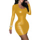 Women Sexy PU Leather Solid Color Bodycon Dress Matte Long Sleeve Slim Fit Short Wrap Dress Office Lady Cocktail Club Mini Dress