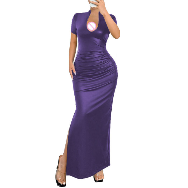 Ladies Elegant Deep V-Neck Long Dress Womens Streetwear Elastic PU Slim Fit Maxi Dress Female Sexy Short Sleeve Split Vestidos