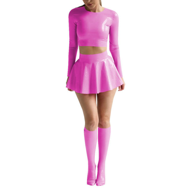 Womens Sexy Shiny PVC Leather Nightclub Outfit Solid Long Sleeve Crop Tops with Mini Skirt Stockings Wetlook Pole Dance Clubwear