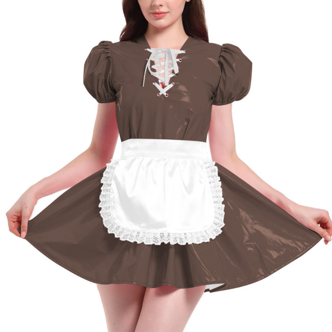 French Maid Outfit Puff Short Sleeve Mini Dress with Apron PVC Leather Sweet Kawaii Maid Cosplay Costume Maid Cross Dressing Set