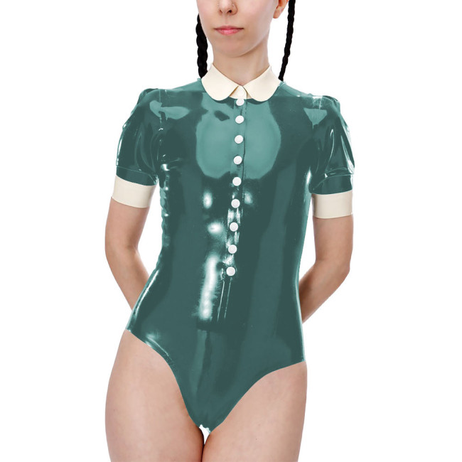 Fetish Short Sleeve High Cut Lingerie Sexy Bodysuit Shiny PVC Leather Turn-down Collar Button One-pieces Bodysuit Sexy Costume