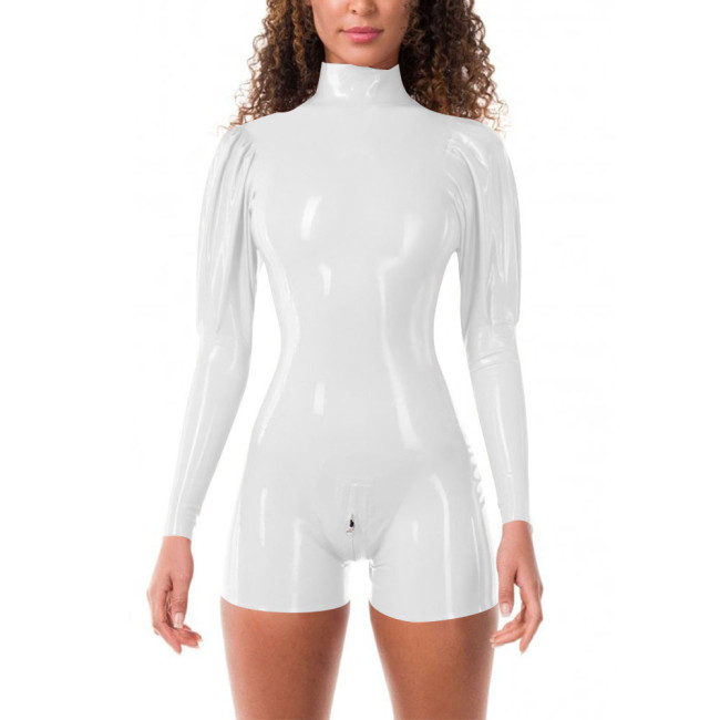Glossy PVC Womens One-Piece Short Jumpsuit Zippered Open Crotch Tight Latex-look Turtleneck Rompers Fashionable Sexy Streetwear