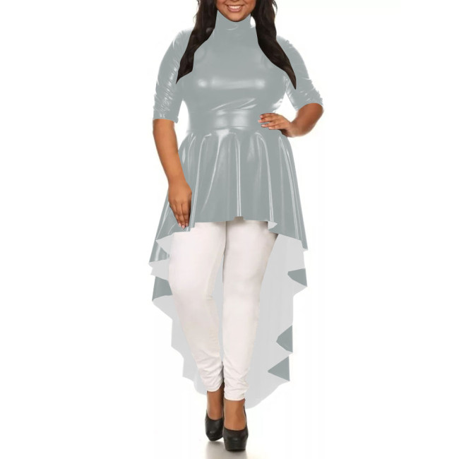 Womens Solid Color Irregular Hem Long Dress Elegant Half Sleeve PU Leather Mermaid Dress Ladies High-Low Pleated Dresses Tops