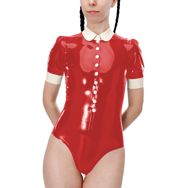 Fetish Short Sleeve High Cut Lingerie Sexy Bodysuit Shiny PVC Leather Turn-down Collar Button One-pieces Bodysuit Sexy Costume