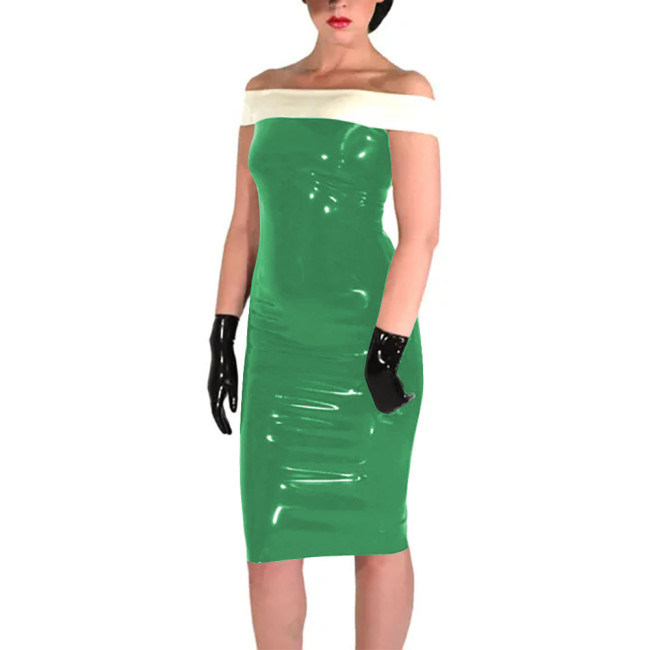 New Fashion Patchwork White Slim Fit Dress Shiny PVC Leather Slash Neck Bodycon Midi Dress Office Lady Back Zipper Sexy Dress