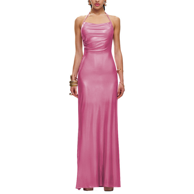 Sexy Halter Formal Party Long Summer Dress Liquid Metallic Women Sleeveless Slim Fit Hip Wrap Maxi Dress Elegant Cocktail Gownng Dress