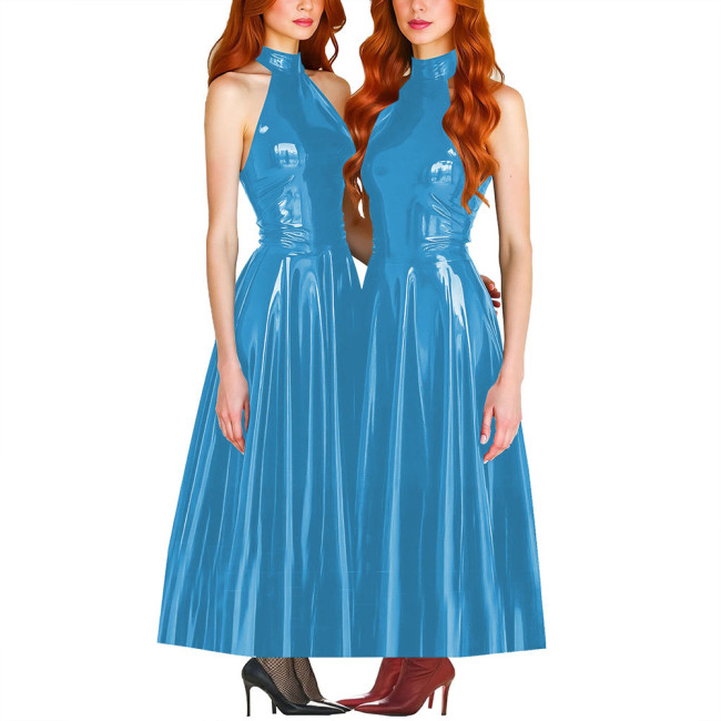 Elegance Pleated Maxi Dress for Women PVC Leather Sleeveless Slim Fit A-line Long Dress Ball Gowns Sexy Women Clothing Vestido