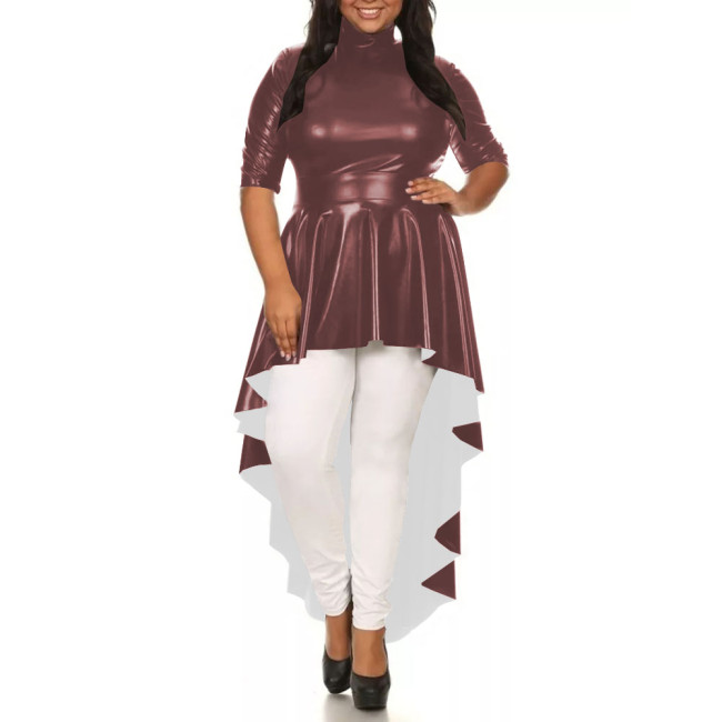 Womens Solid Color Irregular Hem Long Dress Elegant Half Sleeve PU Leather Mermaid Dress Ladies High-Low Pleated Dresses Tops