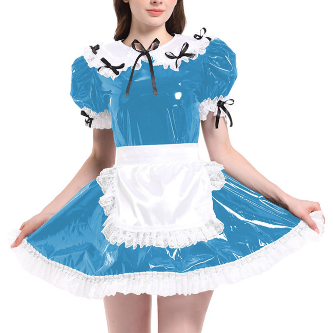 Sissy Puff Short Sleeve French Maid Uniforms Wet Look PVC Leather Servant Maid Dress with Apron Lolita Cosplay Teddy Babydoll