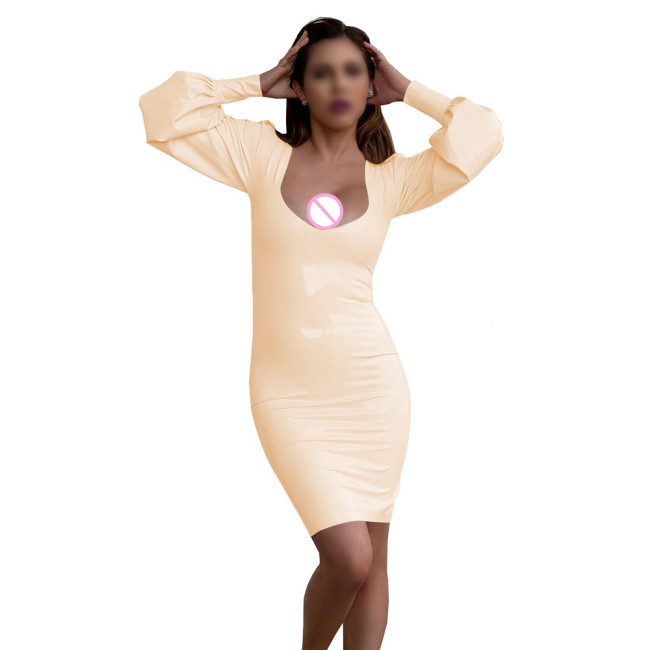 Women's Sexy Deep U-neck Mini Dress Nightclub Solid Color Long Sleeve PVC Tight Dress Wetlook Patent Leather Club Party Dresses