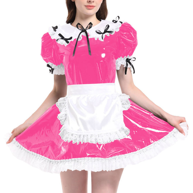 Sissy Puff Short Sleeve French Maid Uniforms Wet Look PVC Leather Servant Maid Dress with Apron Lolita Cosplay Teddy Babydoll