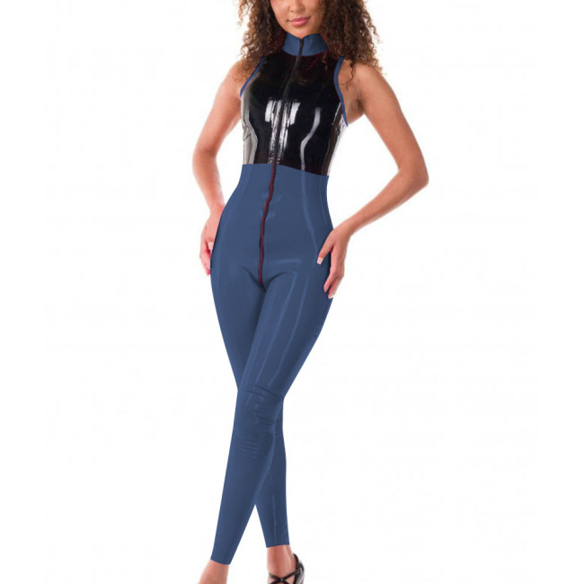 Womens Front Zipper Jumpsuit Wetlook Patent Leather Sleeveless Patchwork Catsuit Glossy Role Play Romper Clubwear Sissy Lingerie