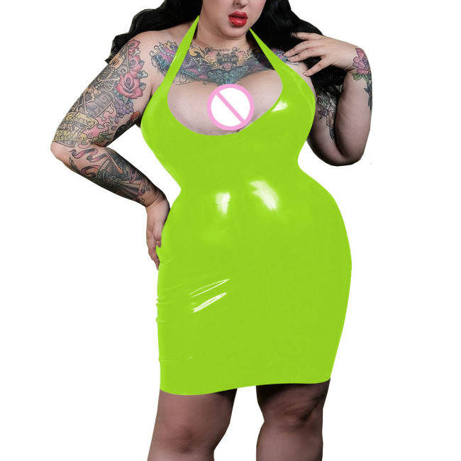 Sexy Plunging Neckline Halter Bodycon Dress Shiny PVC Leather Women Faux Latex Hobble Mini Dress Party Pole Dancing Exotic Dress