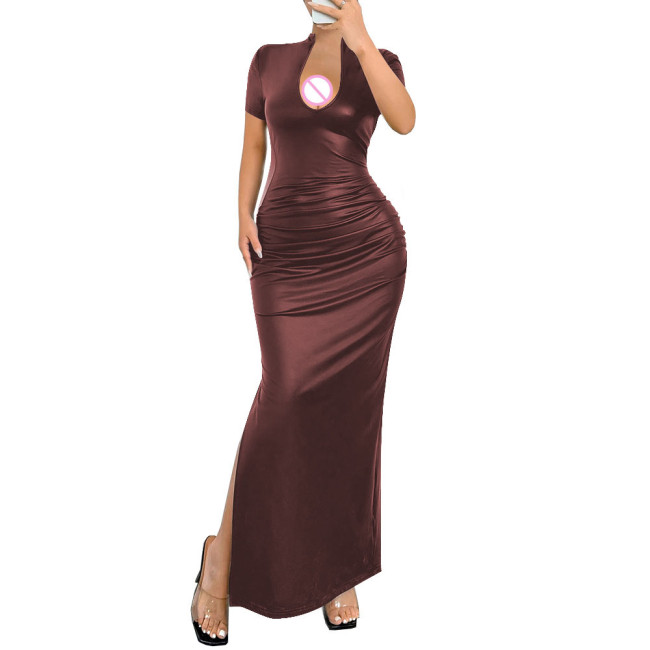 Ladies Elegant Deep V-Neck Long Dress Womens Streetwear Elastic PU Slim Fit Maxi Dress Female Sexy Short Sleeve Split Vestidos
