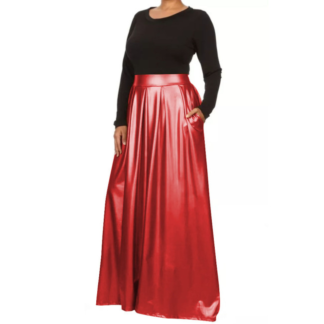 New Fashion Matte A-line Long Skirts Winter Clothes Women PU Leather High Waist Maxi Pleated Skirt Casual Vintage Women Skirts