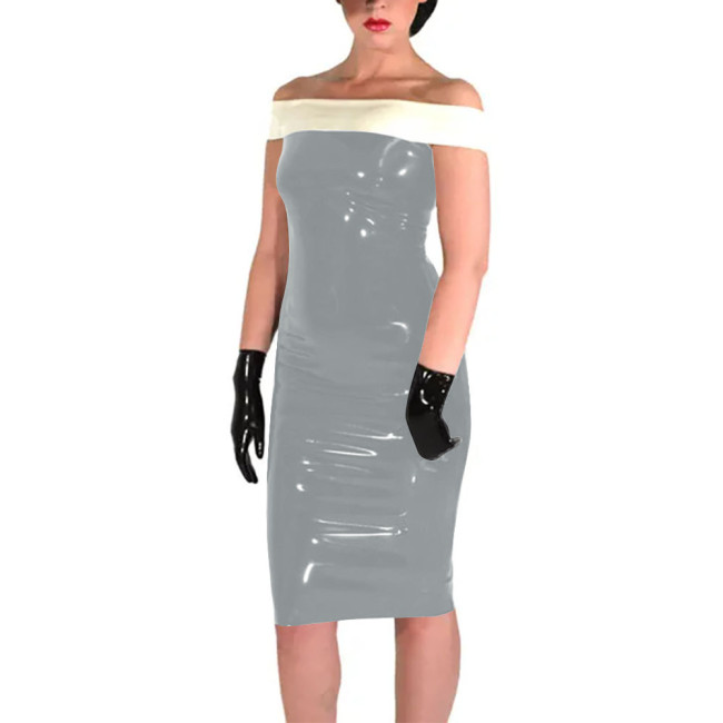 New Fashion Patchwork White Slim Fit Dress Shiny PVC Leather Slash Neck Bodycon Midi Dress Office Lady Back Zipper Sexy Dress