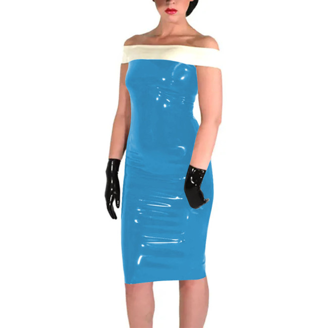 New Fashion Patchwork White Slim Fit Dress Shiny PVC Leather Slash Neck Bodycon Midi Dress Office Lady Back Zipper Sexy Dress