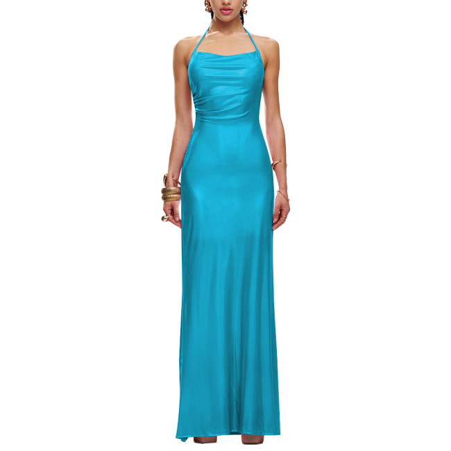 Sexy Halter Formal Party Long Summer Dress Liquid Metallic Women Sleeveless Slim Fit Hip Wrap Maxi Dress Elegant Cocktail Gownng Dress