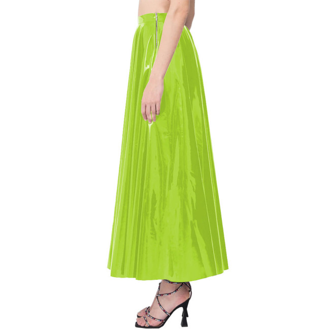 Elegance Long Pleated Skirt Women Candy Color Stretchy Maxi Skirts PVC Leather Side Zipper Casual Red Long Skirts Daily Wearbwear
