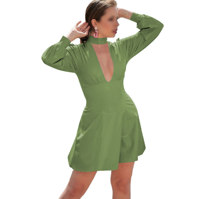 Long Sleeve Solid Color PVC Leather Mini Dress for Women Mock Neck Hollow Out Dress Sissy Sexy Club Party Short Dress Streetwear