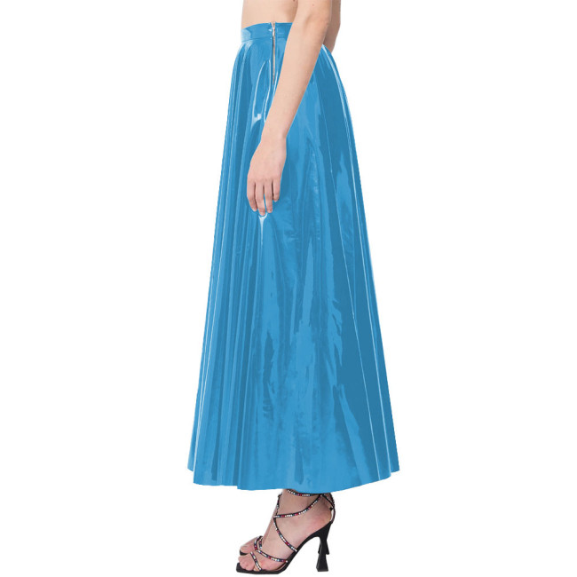 Elegance Long Pleated Skirt Women Candy Color Stretchy Maxi Skirts PVC Leather Side Zipper Casual Red Long Skirts Daily Wearbwear