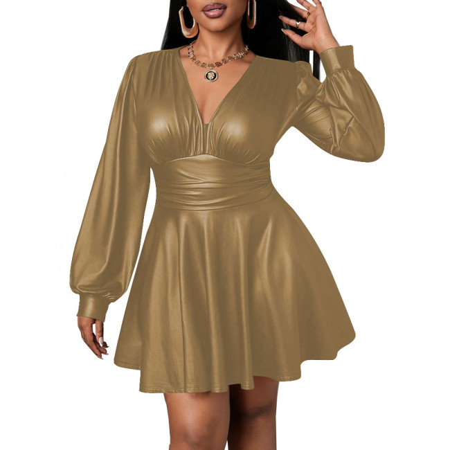 Deep V-neck Dress for Women PU Leather Long Lantern Sleeves Slim Waist Pleated Mini Dress Office Lady Sexy Vestido
