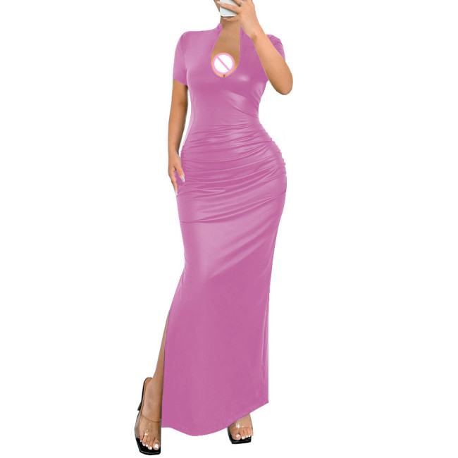 Ladies Elegant Deep V-Neck Long Dress Womens Streetwear Elastic PU Slim Fit Maxi Dress Female Sexy Short Sleeve Split Vestidos