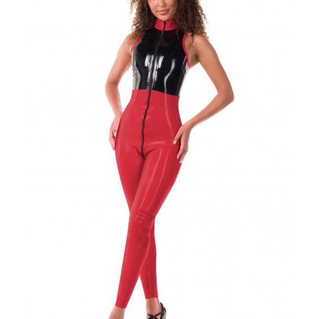 Womens Front Zipper Jumpsuit Wetlook Patent Leather Sleeveless Patchwork Catsuit Glossy Role Play Romper Clubwear Sissy Lingerie