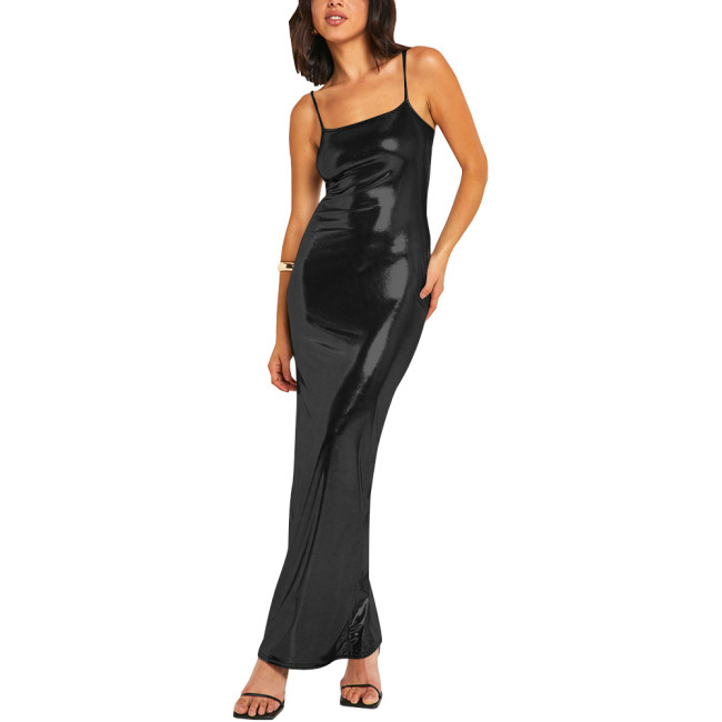Women Elegant Shiny Ball Gowns Bodycon Maxi Dress Liquid Metallic Slim Fit Sexy Female Camisole Solid Spaghetti Strap Long Dress