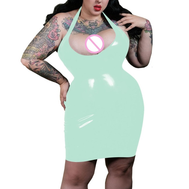 Sexy Plunging Neckline Halter Bodycon Dress Shiny PVC Leather Women Faux Latex Hobble Mini Dress Party Pole Dancing Exotic Dress