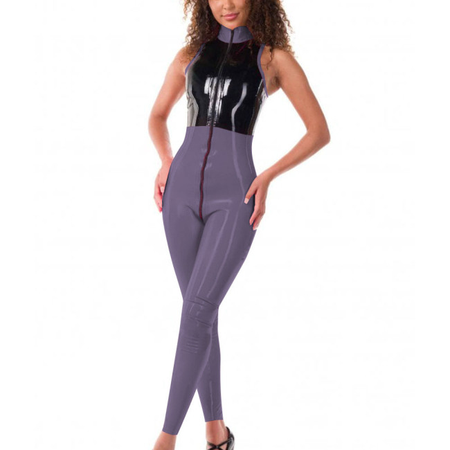 Womens Front Zipper Jumpsuit Wetlook Patent Leather Sleeveless Patchwork Catsuit Glossy Role Play Romper Clubwear Sissy Lingerie