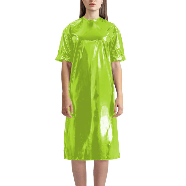 Fashion Vinyl PVC Leather T-shirt Dress Latex-look Short Sleeve Long T-Shirt Women Straight Knee-length Casual Dress Streetwear