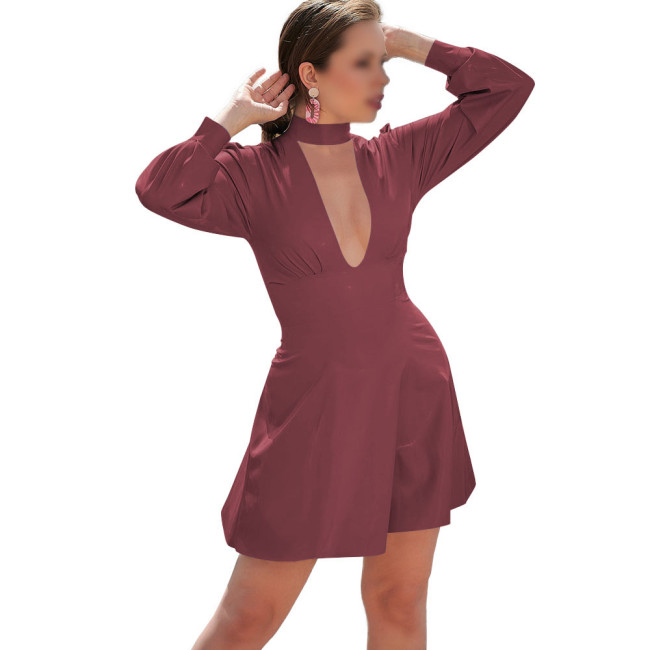 Long Sleeve Solid Color PVC Leather Mini Dress for Women Mock Neck Hollow Out Dress Sissy Sexy Club Party Short Dress Streetwear