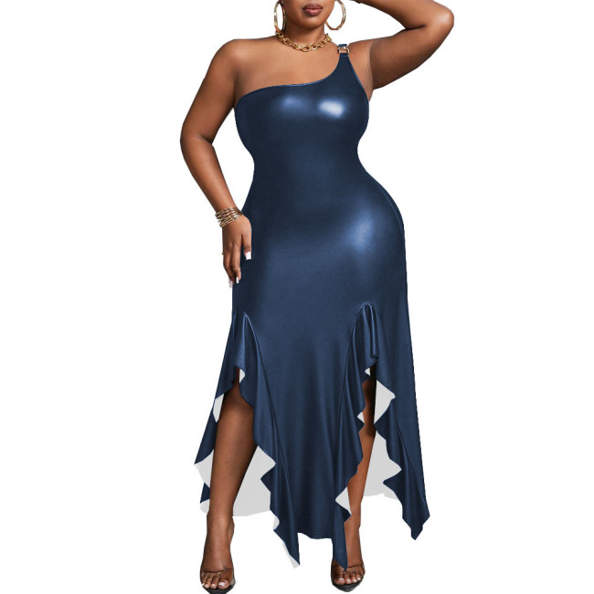 Elegant Wetlook PU Leather Sleeveless Irregular Long  Dress for Women Matte Off Shoulder Slim Fit  A-line Sexy Dress Party Club