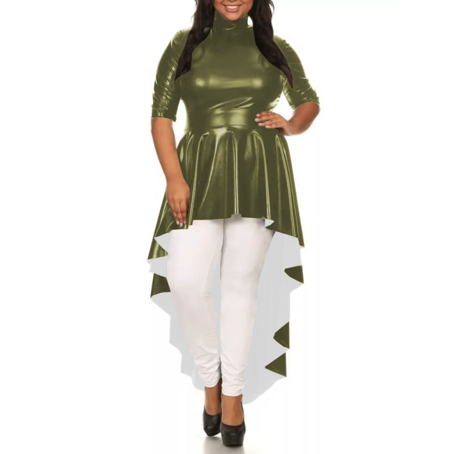 Womens Solid Color Irregular Hem Long Dress Elegant Half Sleeve PU Leather Mermaid Dress Ladies High-Low Pleated Dresses Tops