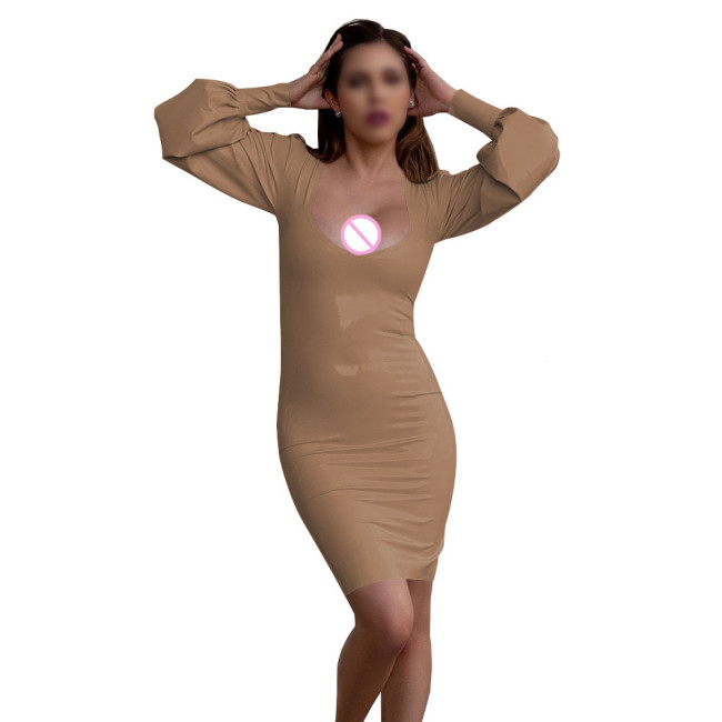 Women's Sexy Deep U-neck Mini Dress Nightclub Solid Color Long Sleeve PVC Tight Dress Wetlook Patent Leather Club Party Dresses