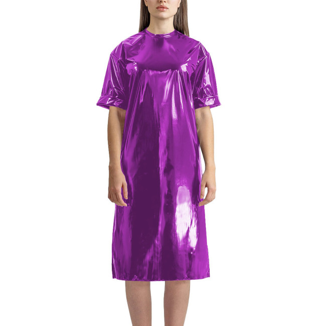 Fashion Vinyl PVC Leather T-shirt Dress Latex-look Short Sleeve Long T-Shirt Women Straight Knee-length Casual Dress Streetwear