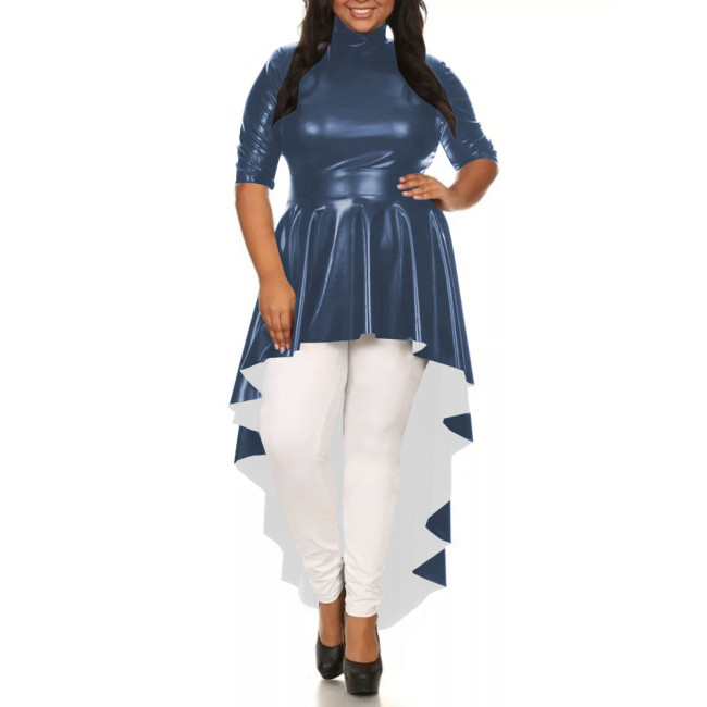 Womens Solid Color Irregular Hem Long Dress Elegant Half Sleeve PU Leather Mermaid Dress Ladies High-Low Pleated Dresses Tops